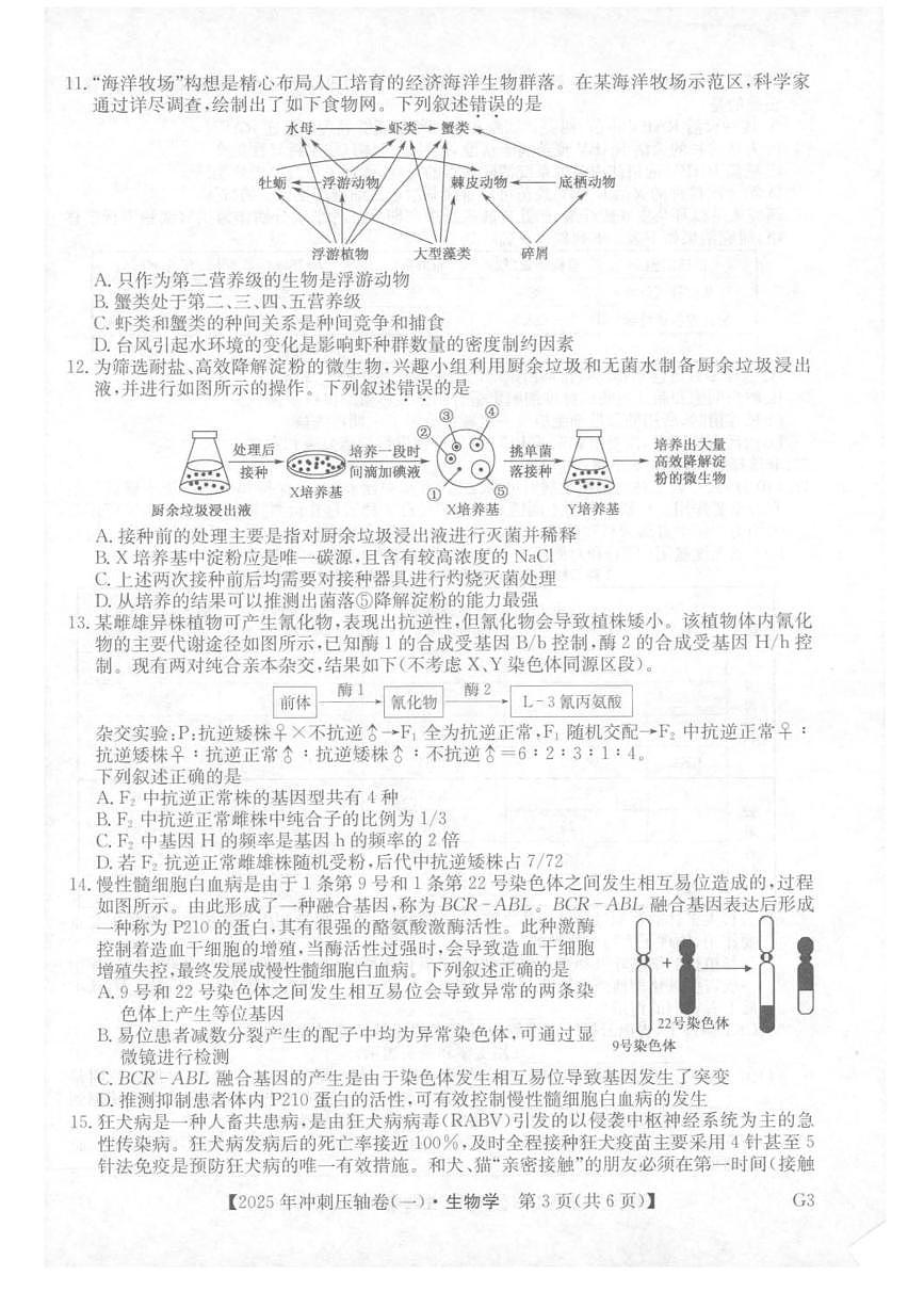 生物-2025年普通高中学业水平选择性考试冲刺压轴卷（一)第3页
