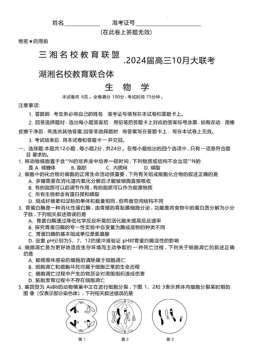 2024届湖南省三湘名校高三上学期10月大联考-生物试题（含答案）第1页