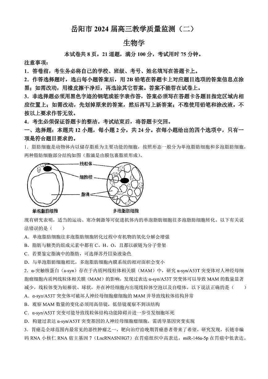 2024届湖南省岳阳市高三下学期二模-生物试卷（含答案）第1页