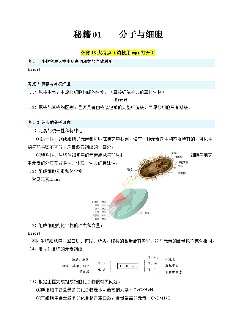 秘籍01 分子与细胞必备梳理-备战2024年高考生物抢分专题讲练（新高考专用）第1页
