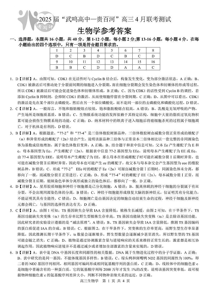 广西壮族自治区“武鸣高中-贵百河”2025届高三下学期4月联考生物答案第1页