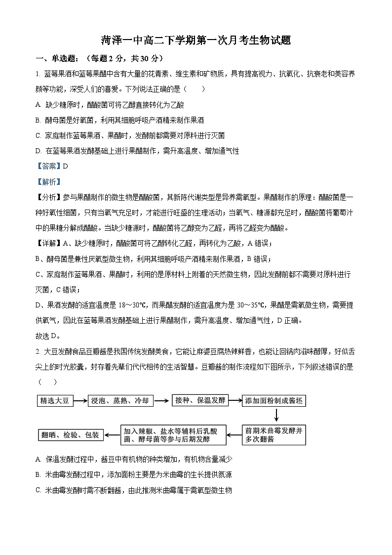 山东省菏泽市第一中学2024-2025学年高二下学期第一次月考生物试题 Word版含解析第1页