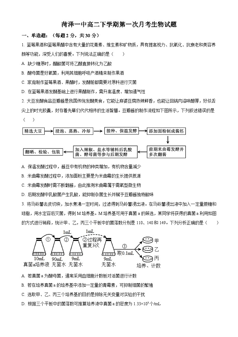 山东省菏泽市第一中学2024-2025学年高二下学期第一次月考生物试题（原卷版）第1页
