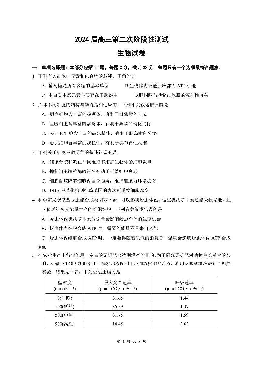 2024届江苏省连云港市部分学校高三上学期10月第二次学情检测-生物试题（含答案）第1页