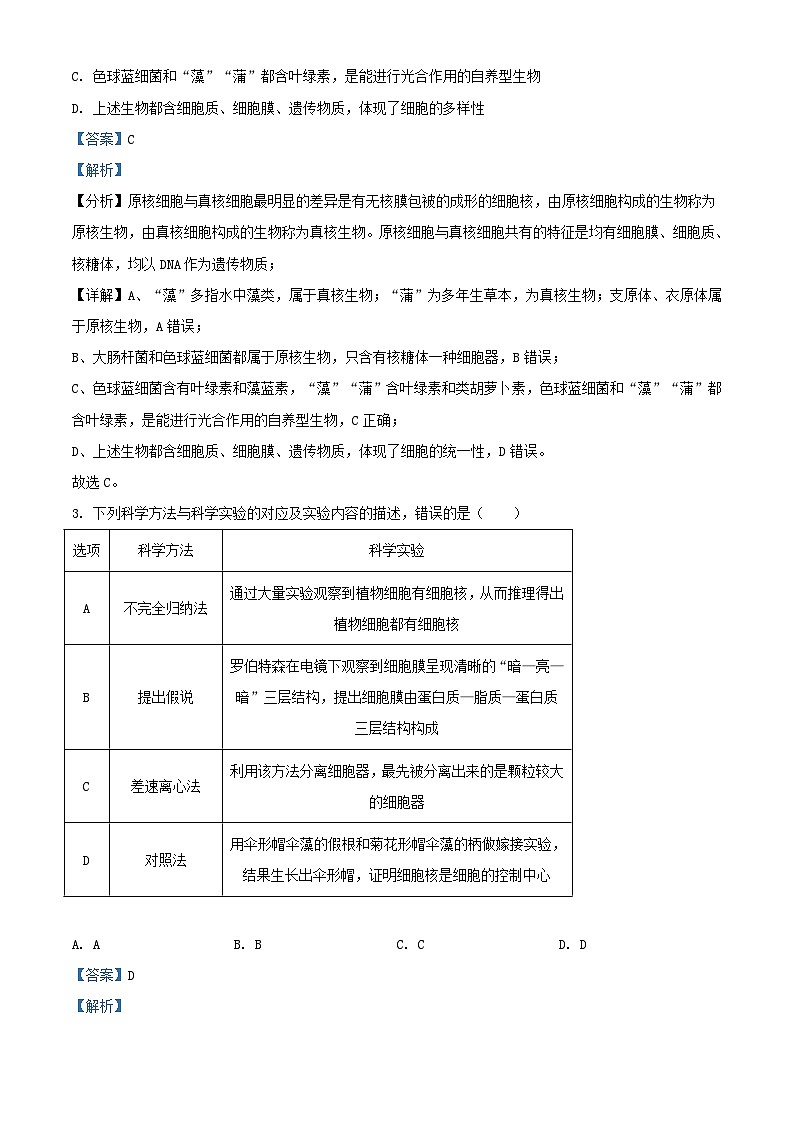 安徽省六安市2023_2024学年高一生物上学期1月期末试题含解析第2页