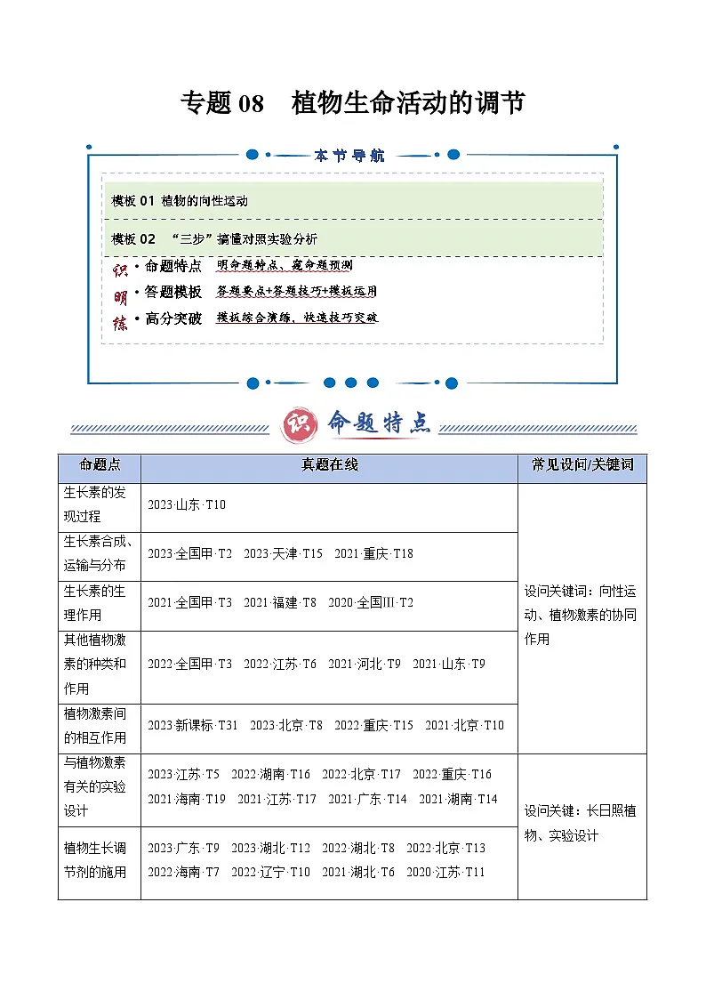 2025年高考生物复习专题复习专题08 植物生命活动的调节（解析版）练习第1页