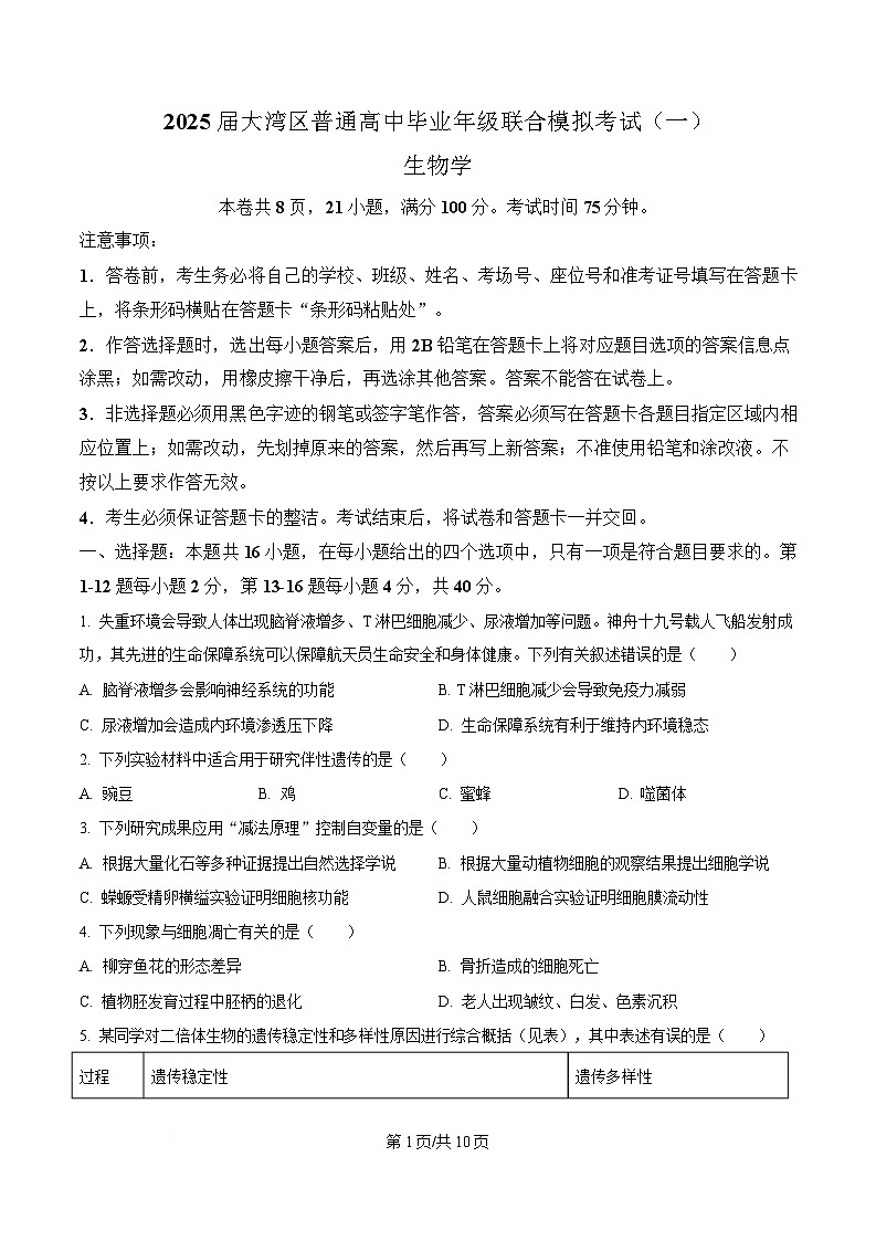 2025届广东省珠海市等3地高三联合模拟考试(一) 生物试题（原卷版）第1页