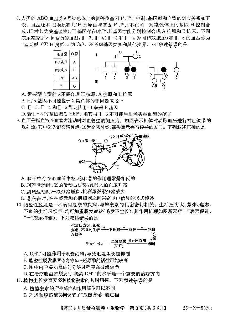 2025年卓越联盟高三下学期4月生物试题及答案第3页
