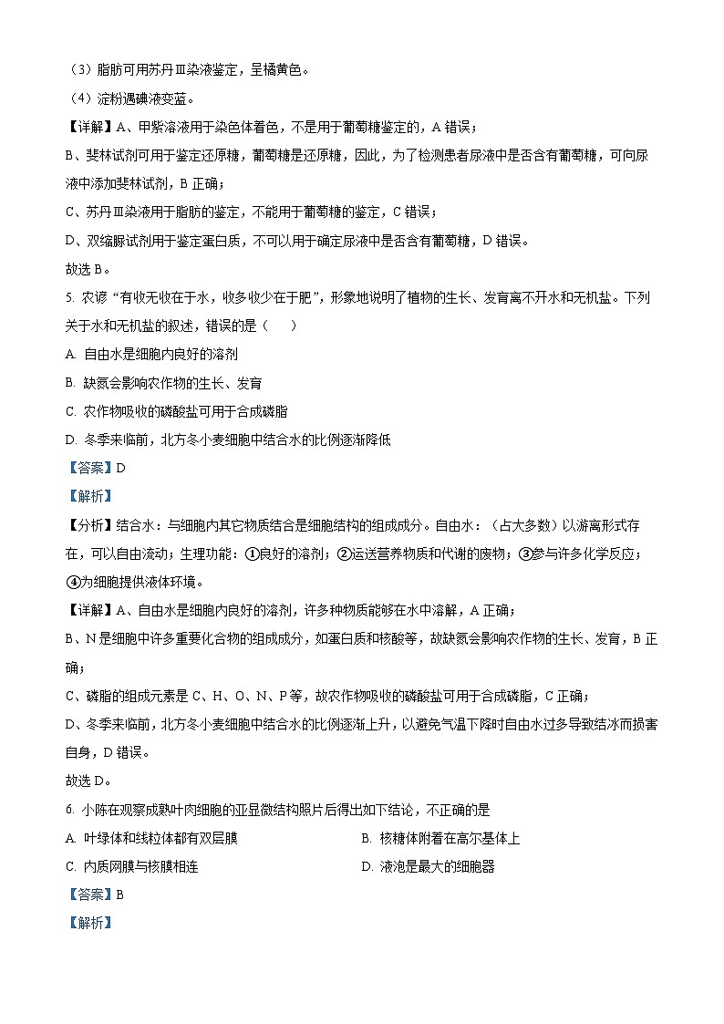 河北省张家口市2024-2025学年高一上学期期末考试生物试题  Word版含解析第3页