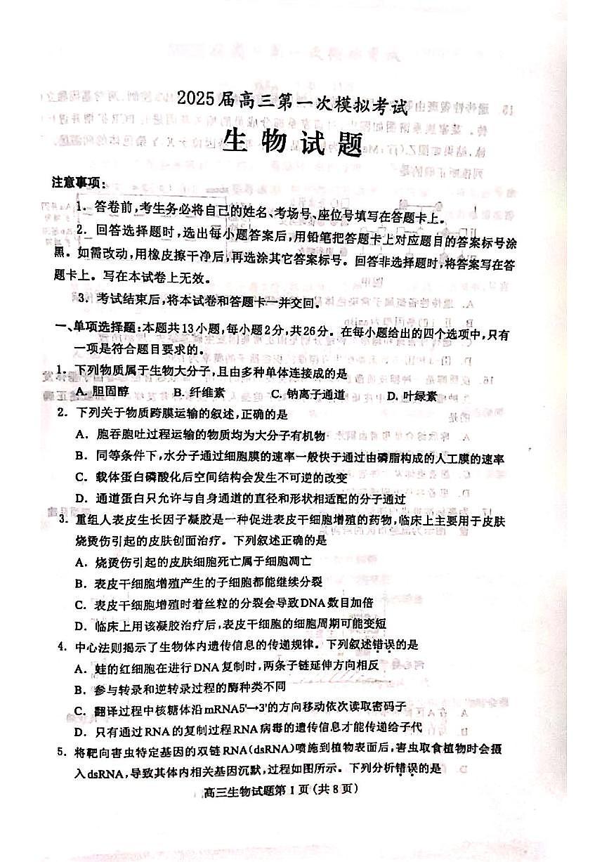 河北省保定市2025届高三高考模拟第一次模拟-生物试题无答案第1页