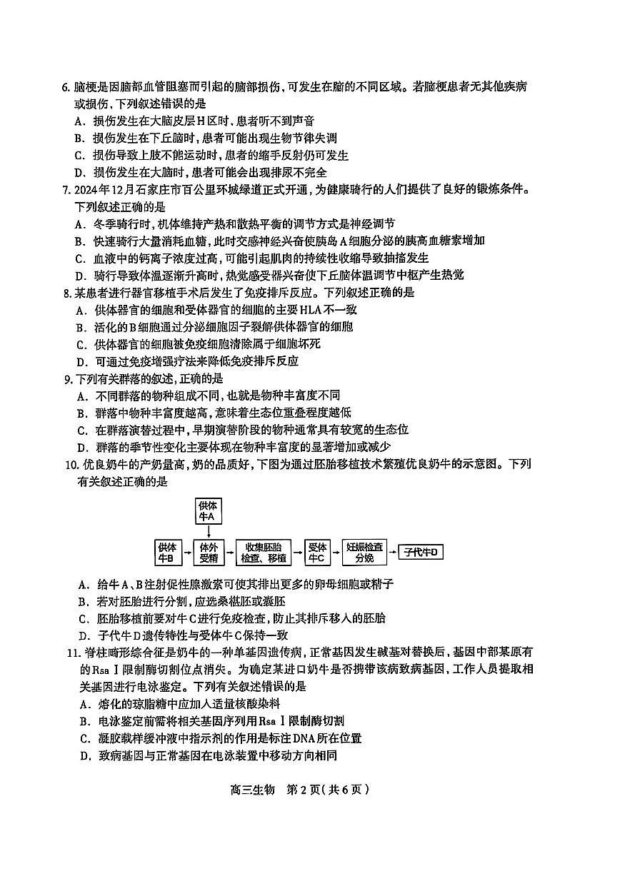 河北省石家庄市2025届高三高考模拟第二次模拟-生物试题无答案第2页
