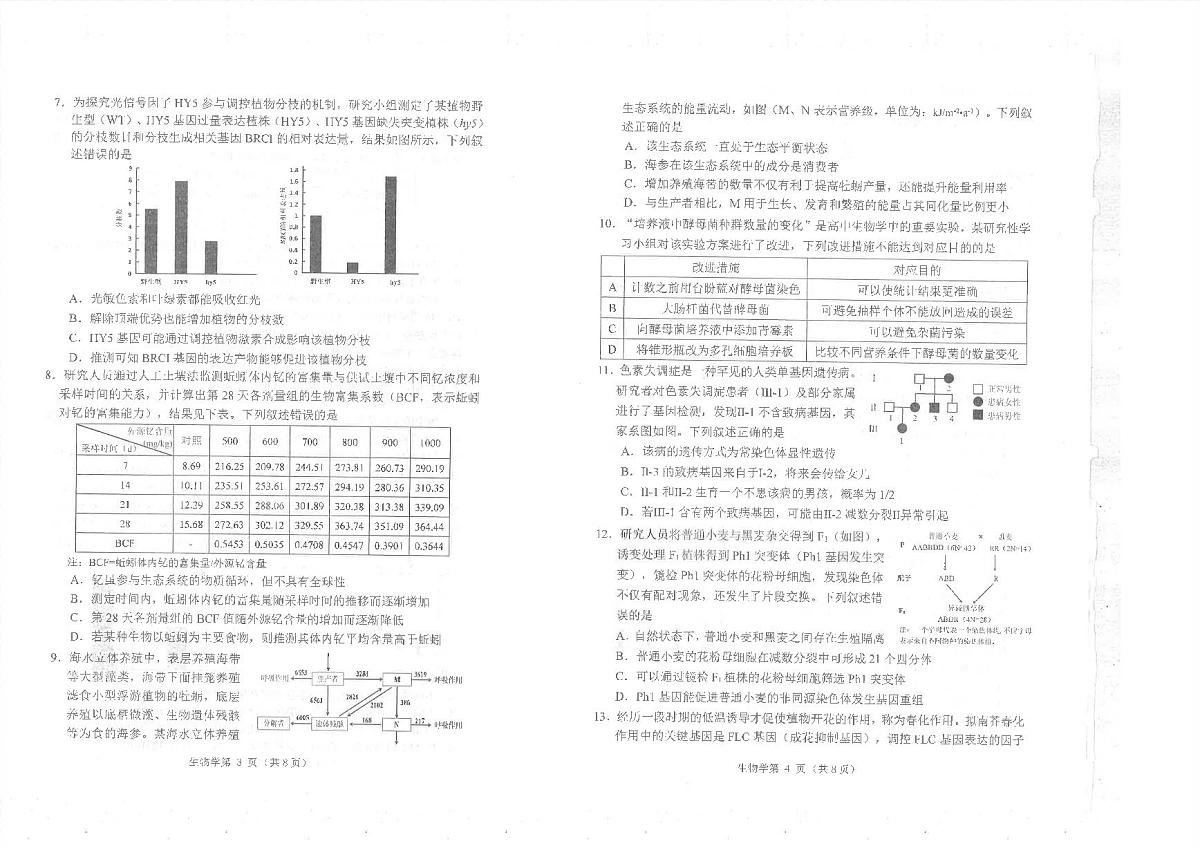 四川省南充市2025届高三高考模拟第三次诊断考-生物试题+答案第2页