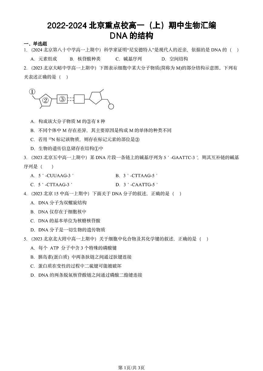 2022-2024北京重点校高一（上）期中真题生物汇编：DNA的结构第1页