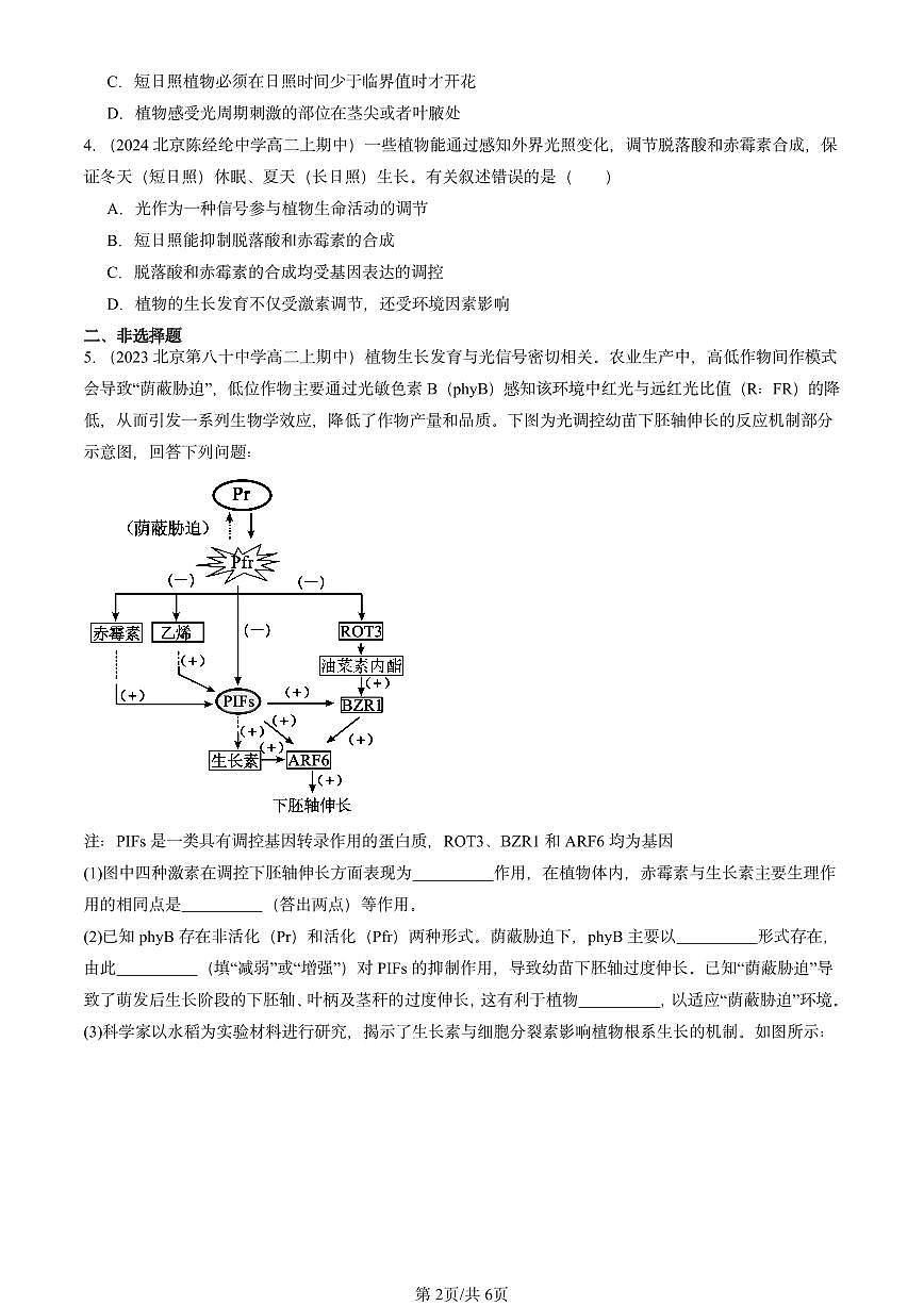 2022-2024北京重点校高二（上）期中真题生物汇编：环境因素参与调节植物生命活动第2页