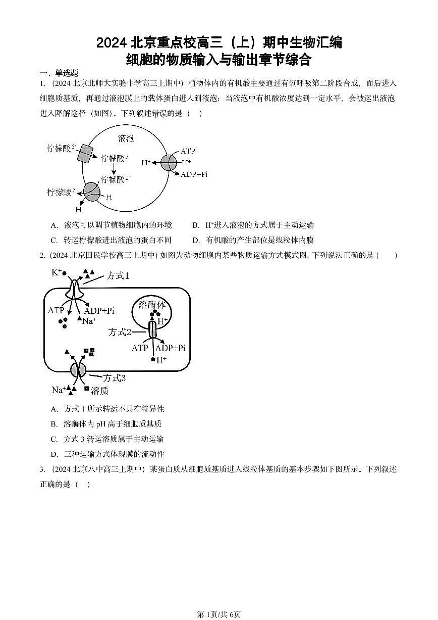 2024北京重点校高三（上）期中真题生物汇编：细胞的物质输入与输出章节综合第1页