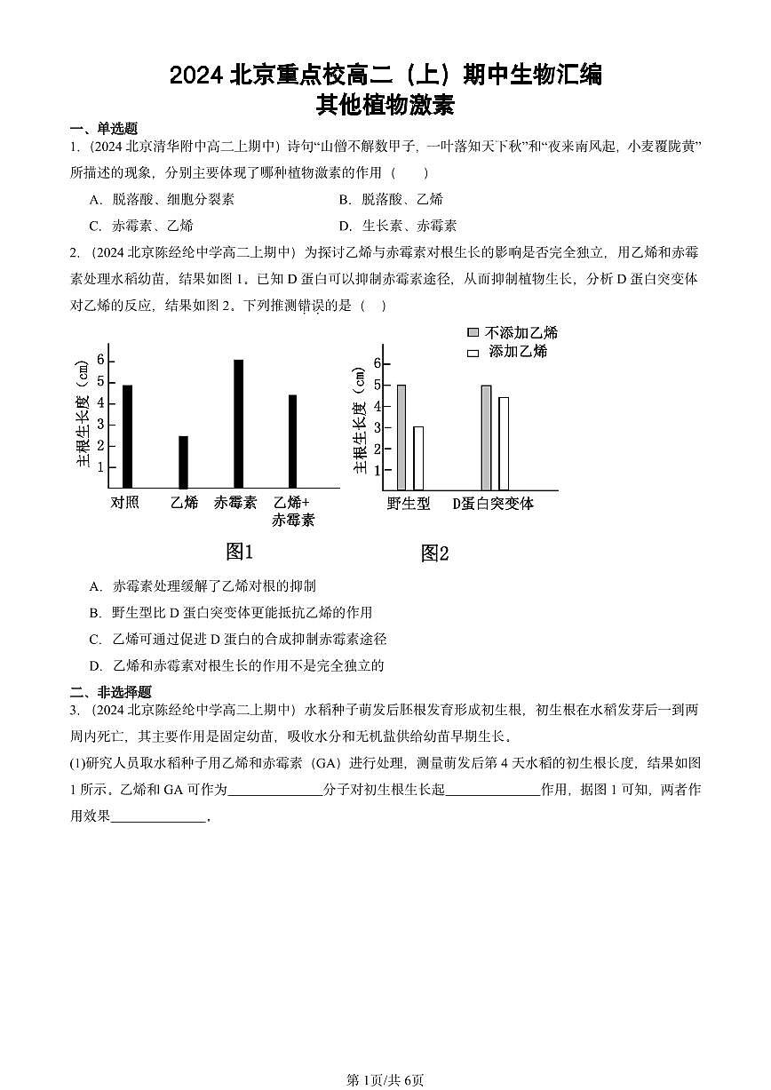 2024北京重点校高二（上）期中真题生物汇编：其他植物激素第1页