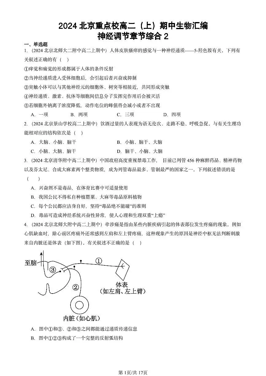 2024北京重点校高二（上）期中真题生物汇编：神经调节章节综合2第1页