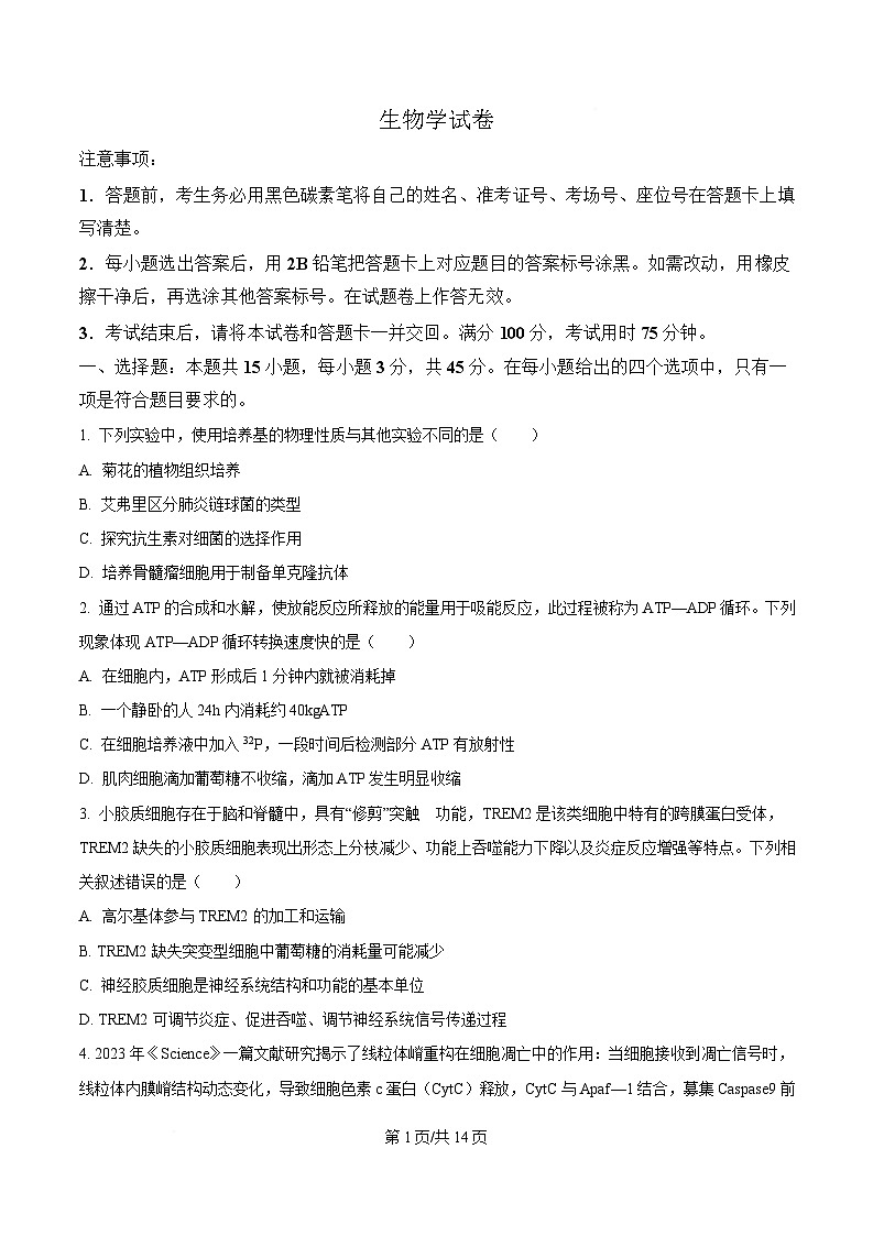 重庆市沙坪坝区重庆市第八中学2024-2025学年高三下学期3月月考生物试题（原卷版）第1页