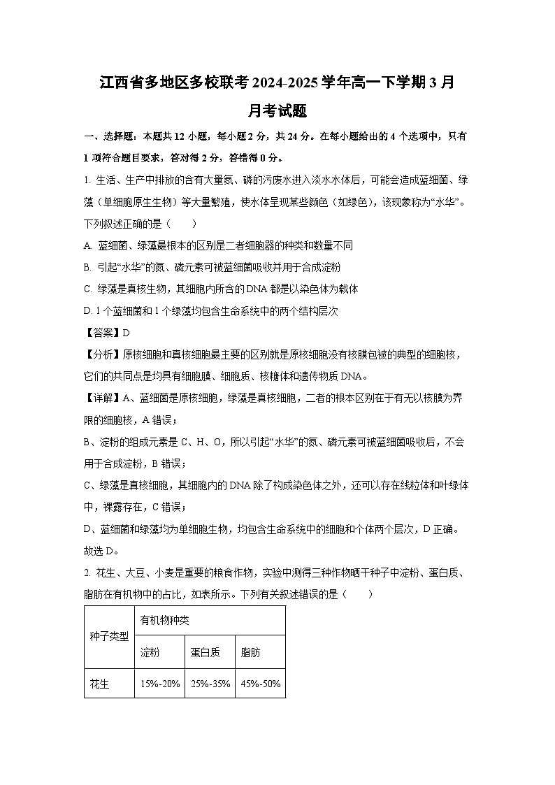 江西省多地区多校联考2024-2025学年高一下学期3月月考生物试卷（解析版）第1页