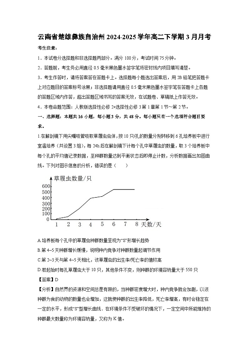 云南省楚雄彝族自治州2024-2025学年高二下学期3月月考生物试卷（解析版）第1页
