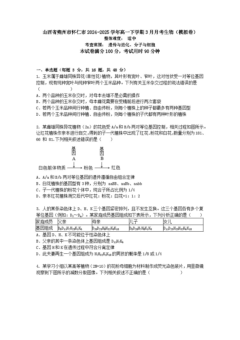 山西省朔州市怀仁市2024-2025学年高一下学期3月月考生物（模拟卷）+答案第1页