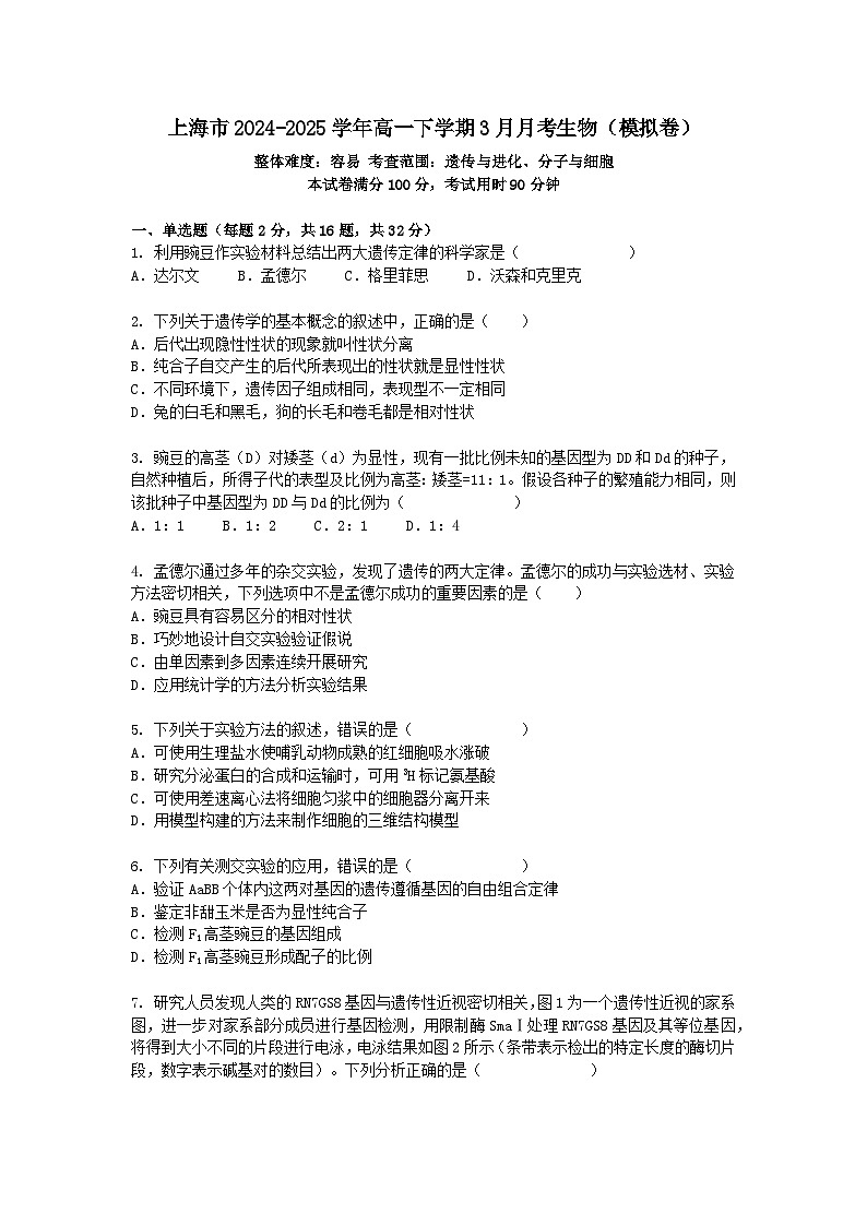 上海市2024-2025学年高一下学期3月月考生物（模拟卷）+答案第1页