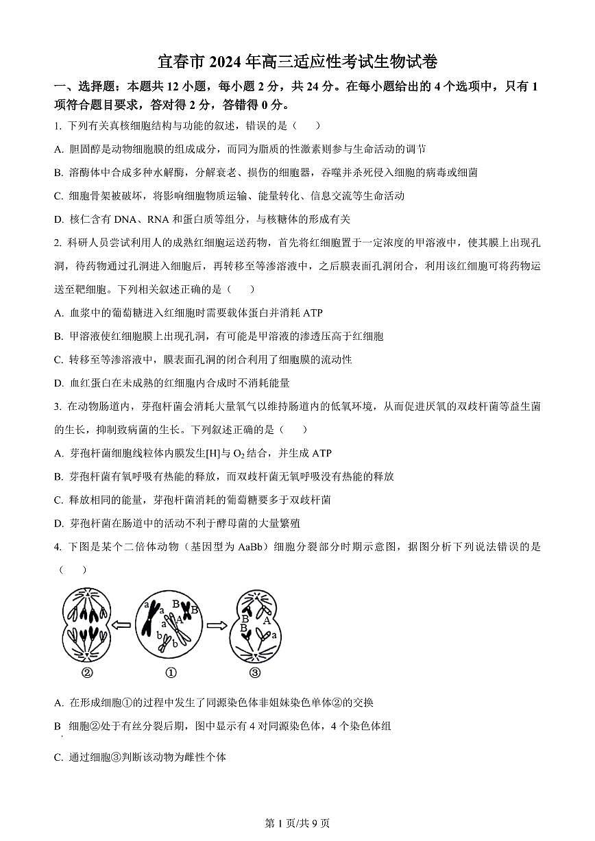 2024江西宜春市高三年级适应性考试-生物试卷（含答案）第1页