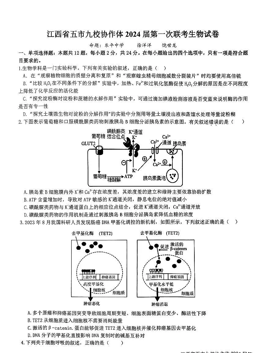 2024届江西省五市九校协作体高三上学期第一次联考(1月)-生物试题（含答案）第1页