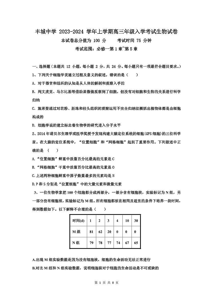 2024届江西省宜春市丰城中学高三上学期开学考试-生物试题（含答案）第1页