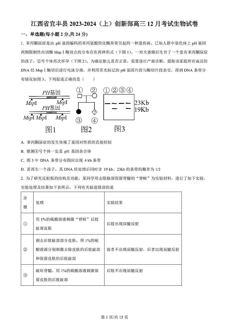 2024届江西省宜春市宜丰中学高三上学期12月月考-生物试题（含答案）第1页