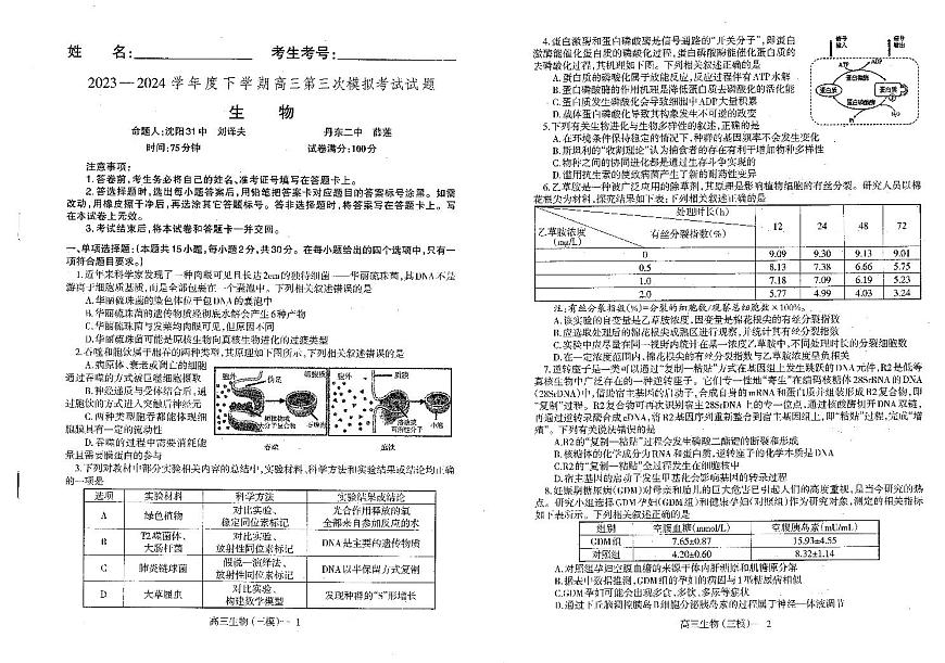 2024届辽宁协作校高三下学期三模-生物试卷（含答案）第1页