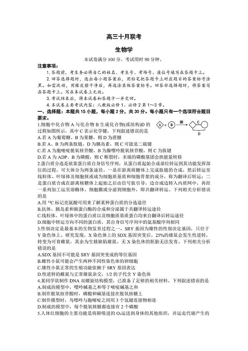 2024届山东省部分学校高三上学期十月联考-生物试题（含答案）第1页