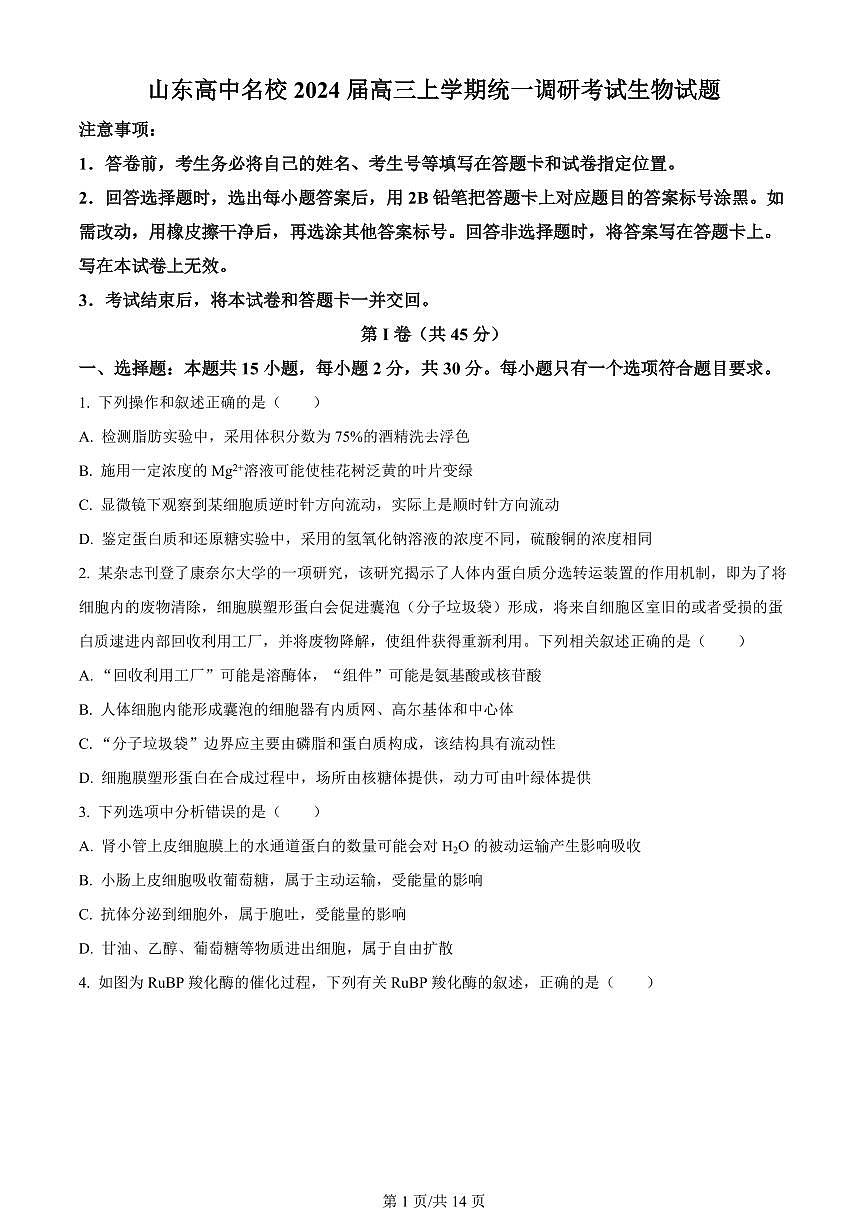 2024届山东省高三上学期12月统一调研考试-生物试题（含答案）第1页