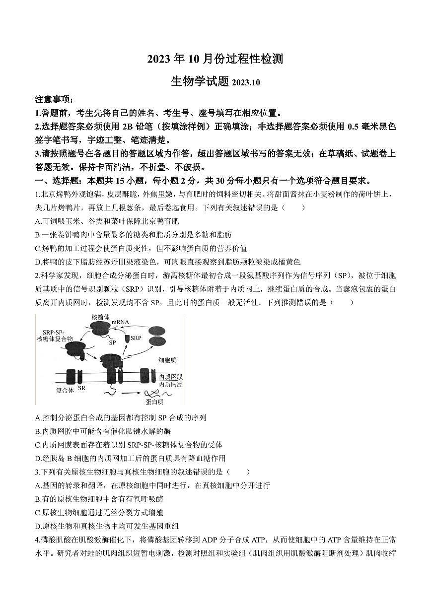 2024届山东省潍坊市高三上学期10月检测-生物试题（含答案）第1页