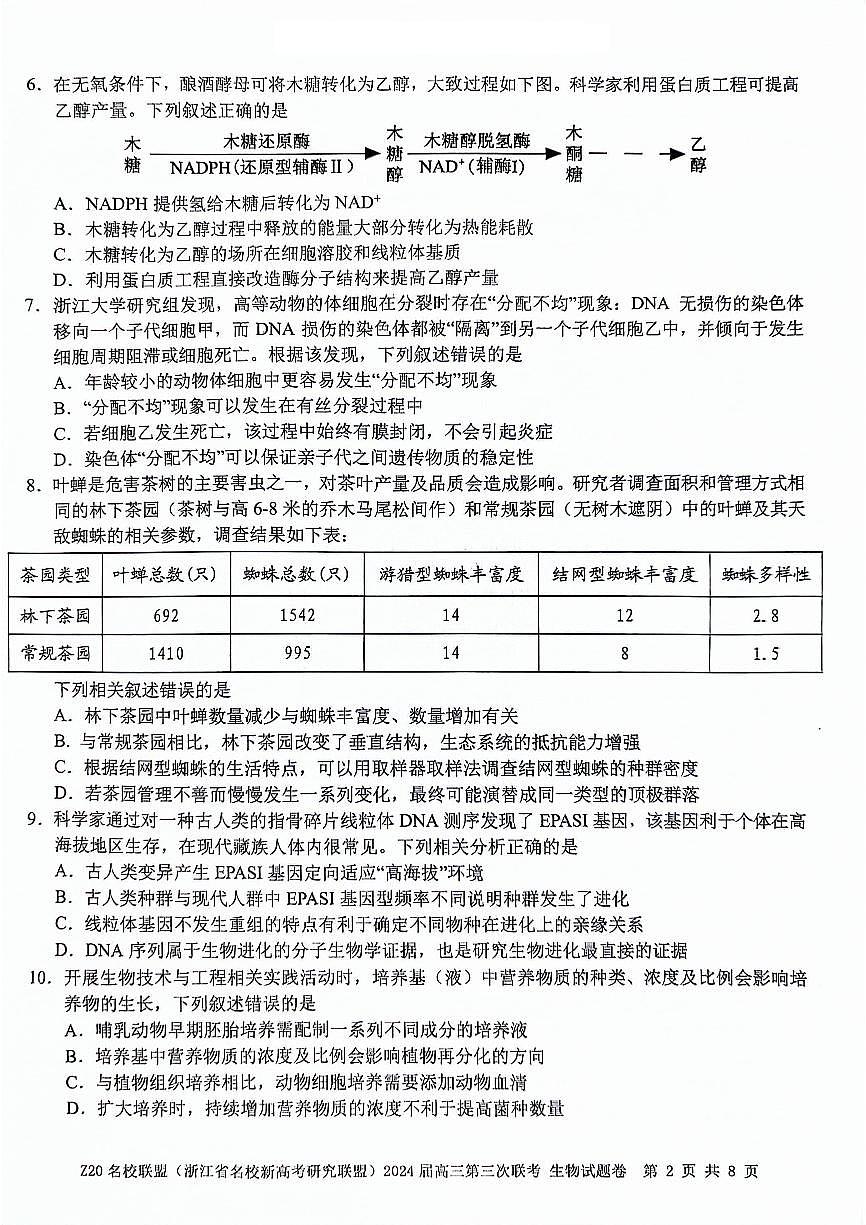 2024届浙江省Z20名校联盟高三第三次联考-生物试卷（含答案）第2页