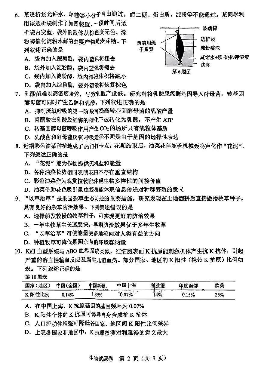 2024届浙江省温州市高三第三次适应性考试-生物试卷（含答案）第2页
