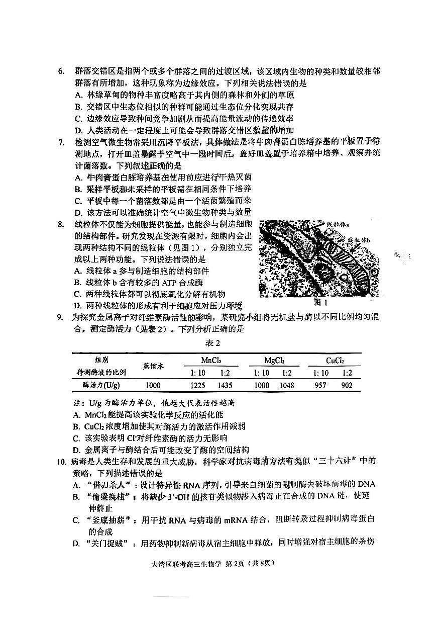 2025届广东省大湾区普通高中毕业年级联合模拟考试(一)生物试卷（含答案）第2页