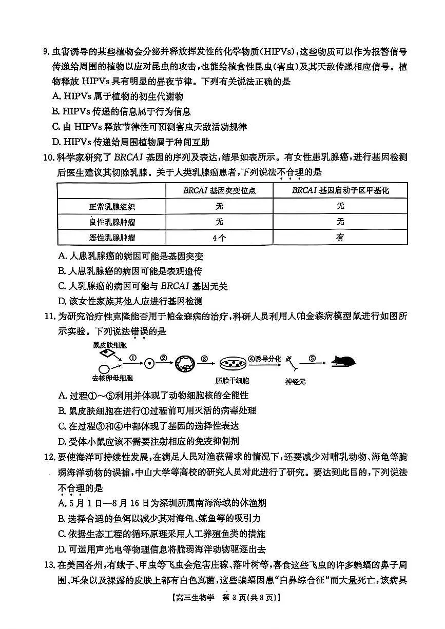 广东省深圳市宝安区2024-2025学年高三上学期期末考试生物试卷（含答案）第3页