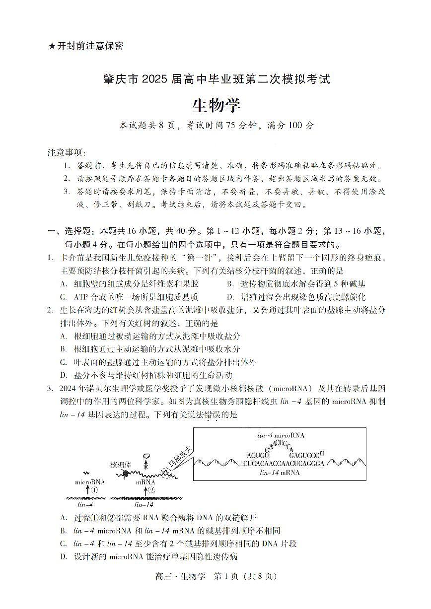广东省肇庆市2025届高中毕业班第二次模拟考试生物试卷（含答案）第1页