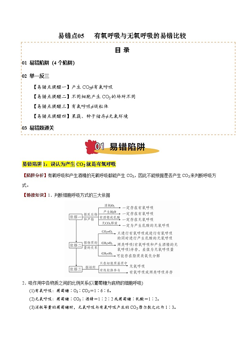 2025年高考生物考试易错题（新高考通用）易错点05有氧呼吸与无氧呼吸的易错比较（4大陷阱）（教师版）第1页