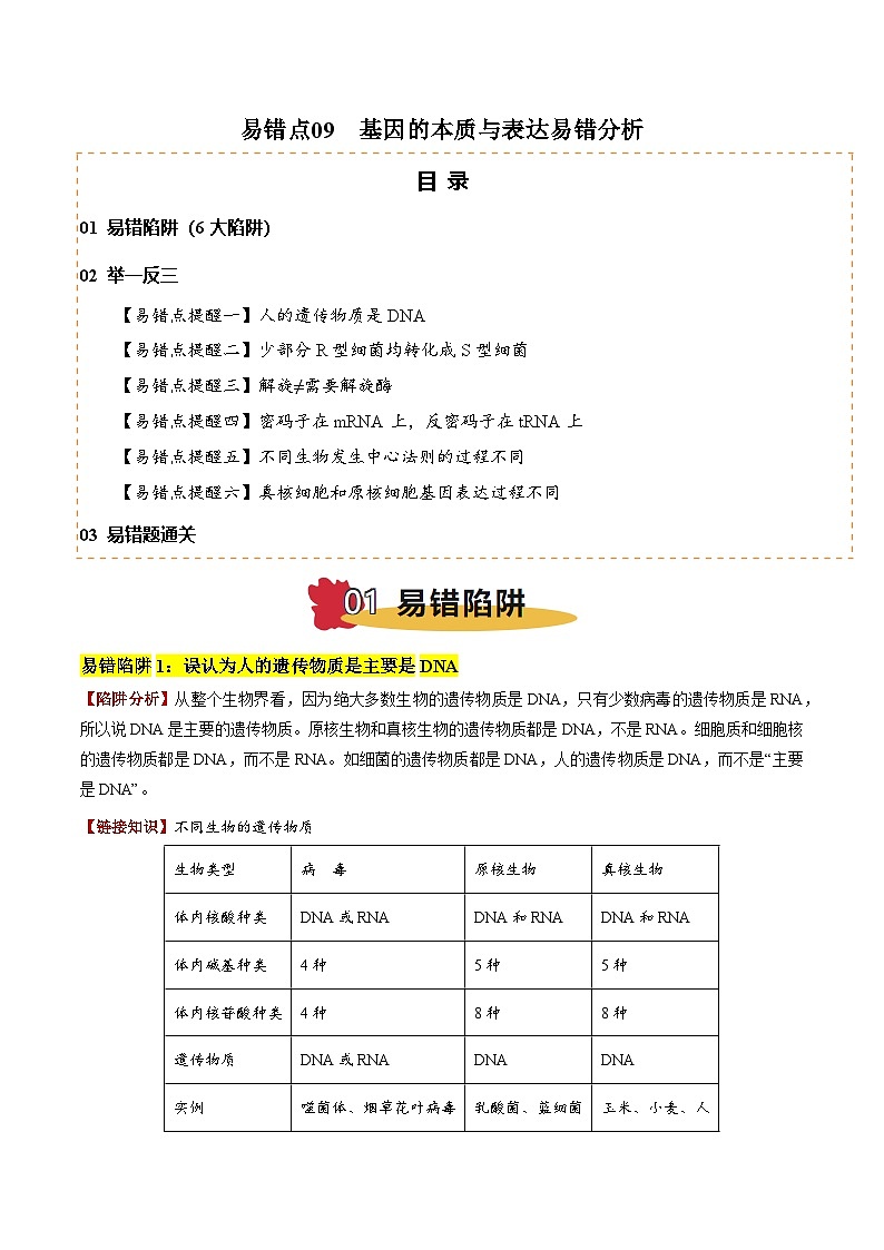 2025年高考生物考试易错题（新高考通用）易错点09基因的本质与表达易错分析（6大陷阱）（教师版）第1页