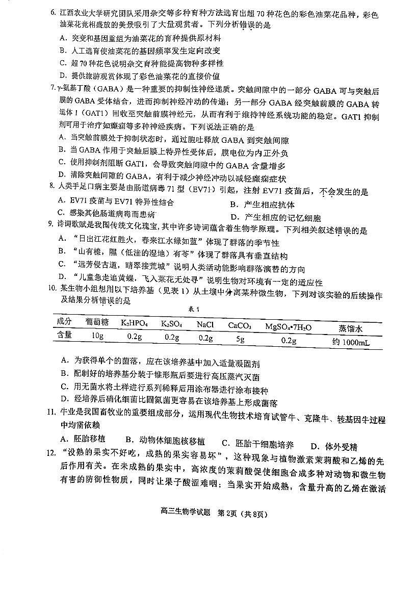 广东省江门市2024-2025学年高三上学期10月调研考试生物试题第2页