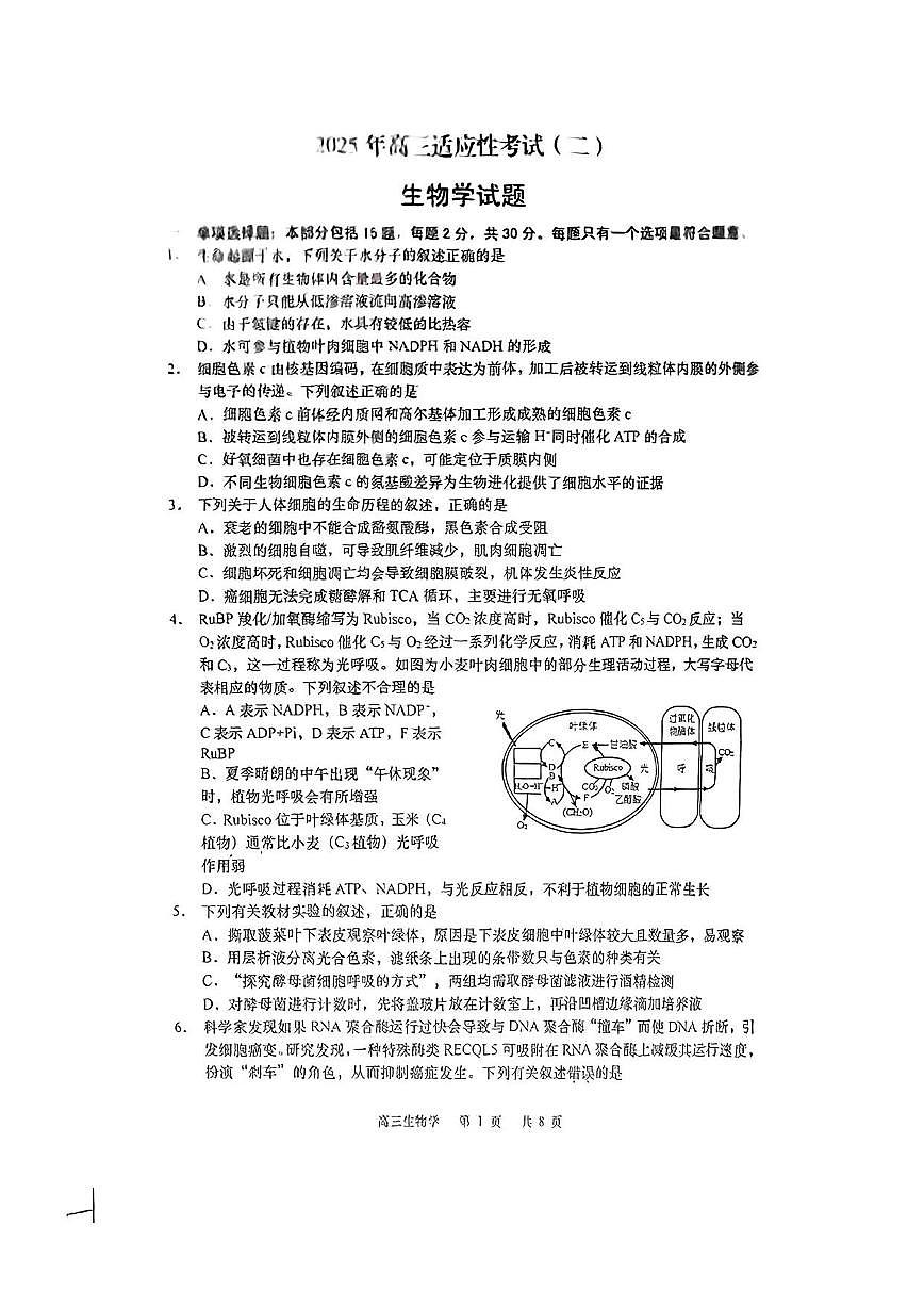 江苏省南通市如皋市2025届高三高考模拟适应性考试（二）（如皋2.5摸）-生物试卷第1页