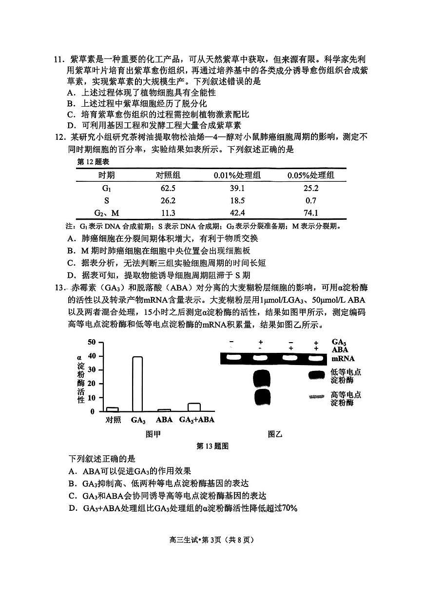 生物丨浙江省杭州市2025届高三下学期4月教学质量检测（杭州二模）生物试卷及答案第3页