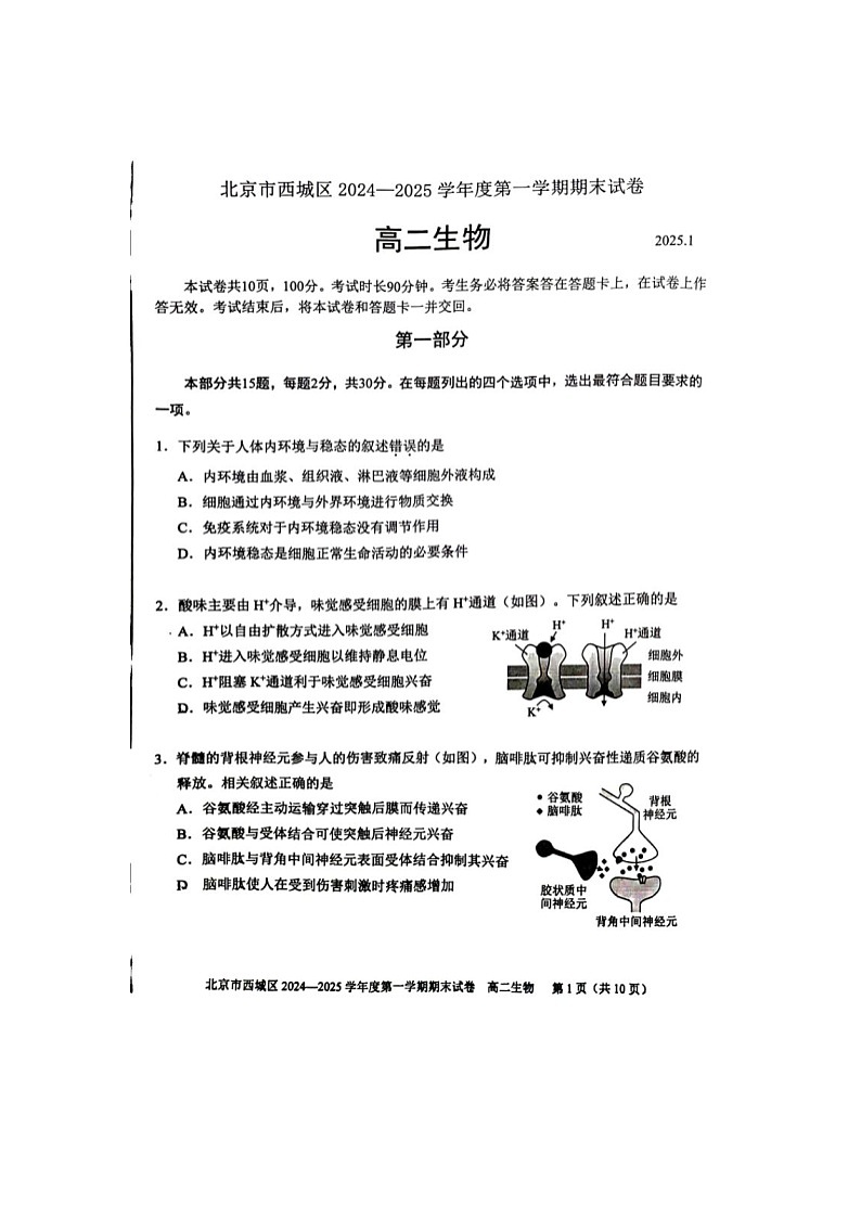 北京市西城区2024-2025学年高二上学期期末考试生物试卷含答案第1页