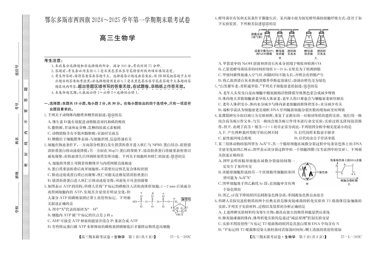 内蒙古鄂尔多斯市西四旗2025届高三上学期期末联考试题 生物试卷（含答案）第1页