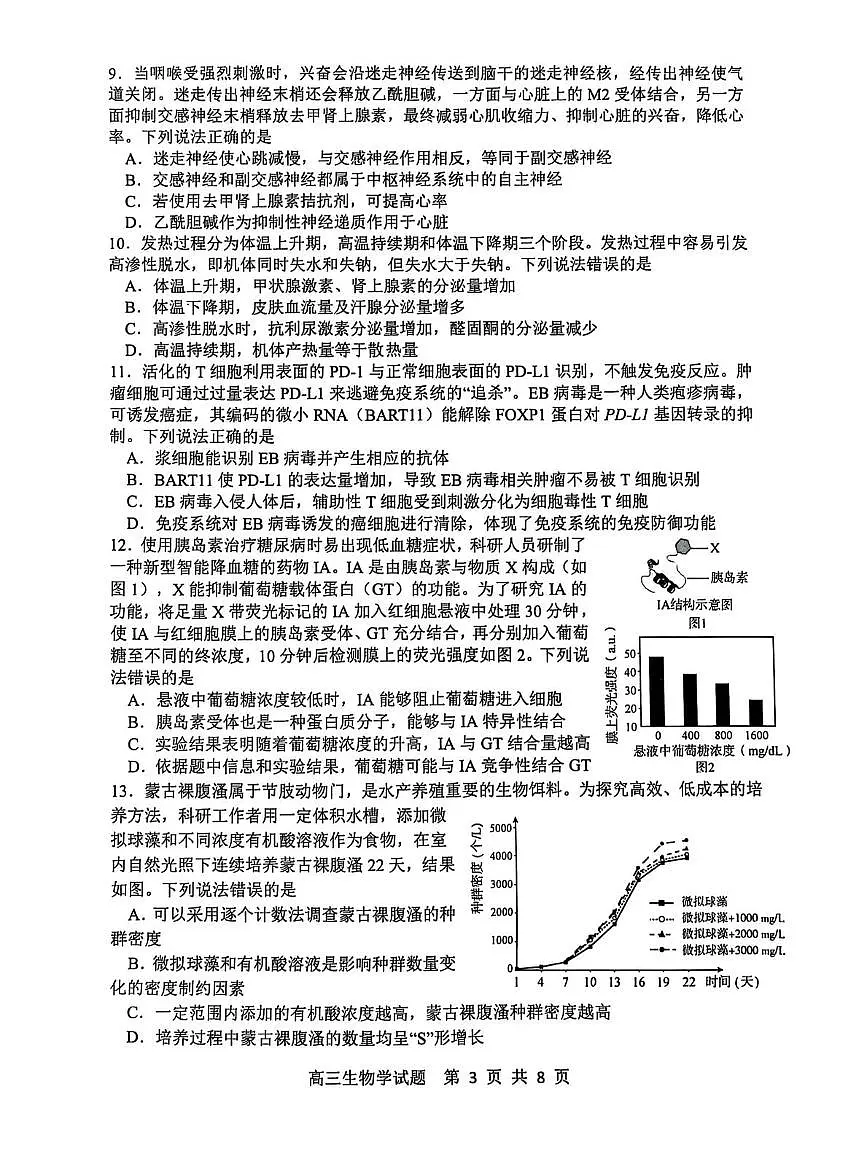 山东省淄博市2024-2025学年第一学期高三期末摸底质量检测生物试卷（含答案）第3页