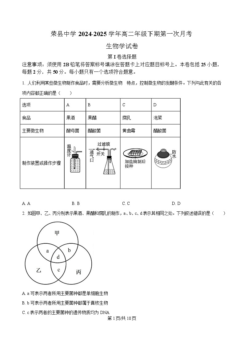四川省自贡市荣县中学2024-2025学年高二下学期3月月考生物试题（原卷版）第1页