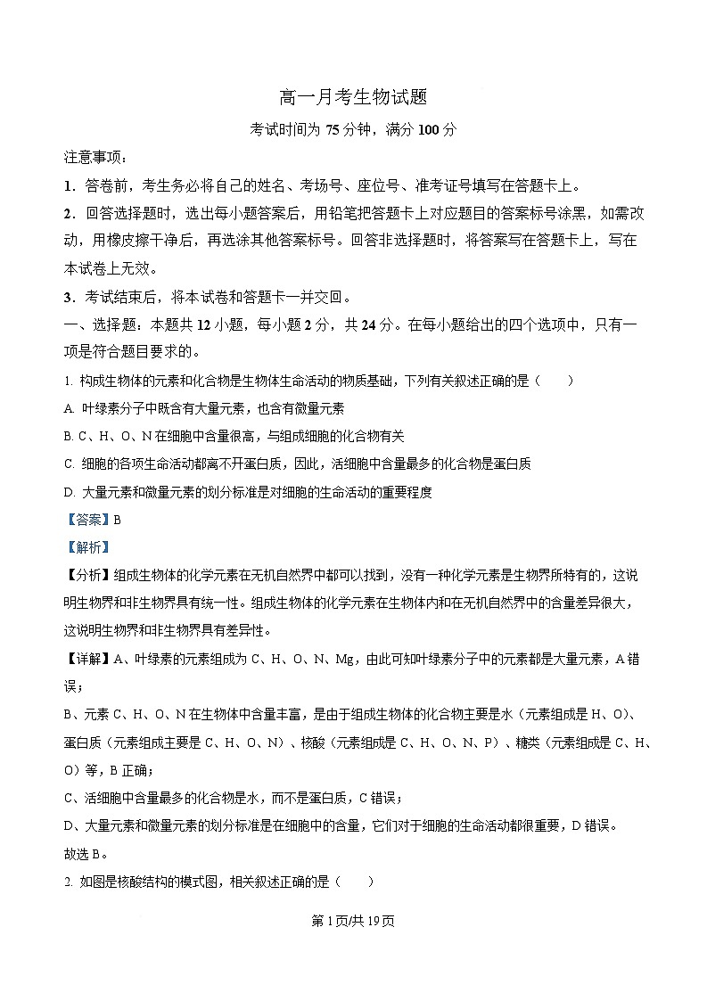 湖南省娄底市涟源市部分高中联考2024-2025学年高一下学期3月月考生物试题 Word版含解析第1页