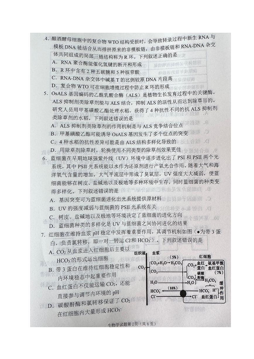 2025届四川省南充市高三第二次适应性考试生物试卷（含答案）第2页